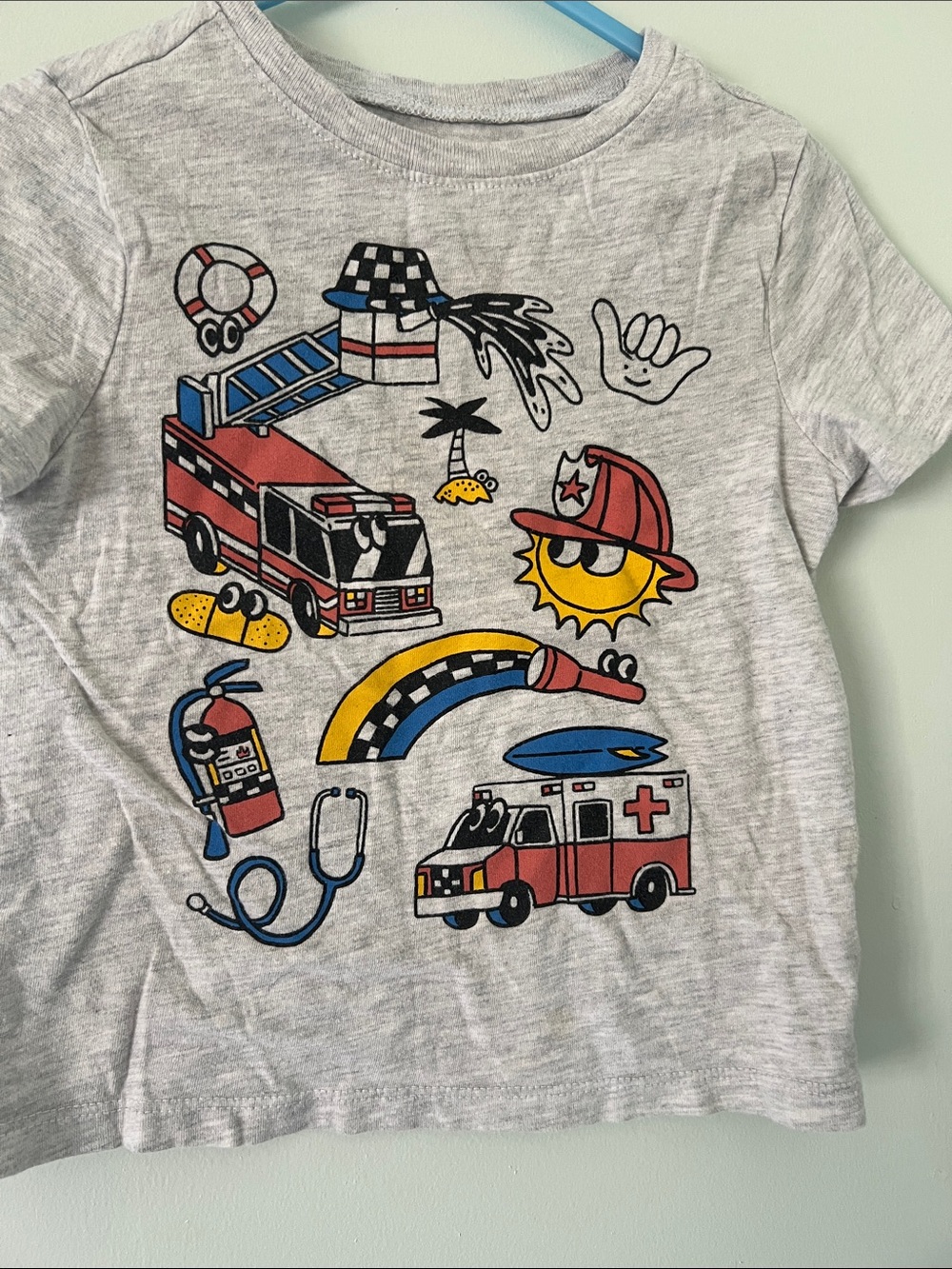 Old Navy Gray Kids T-Shirt with Red, Yellow, Blue Emergency Vehicle Graphics